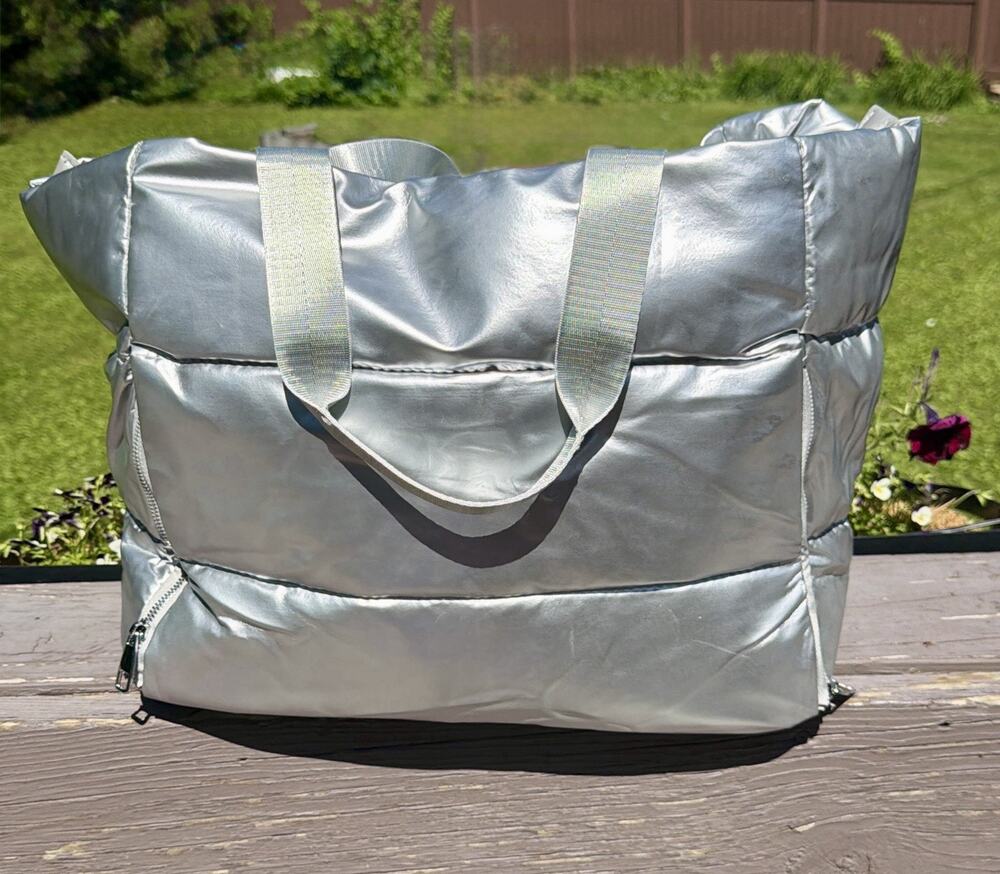 Metallic Silver Puffer Tote Bag Y2K Spacecore Futuristic Streetwear Carryall